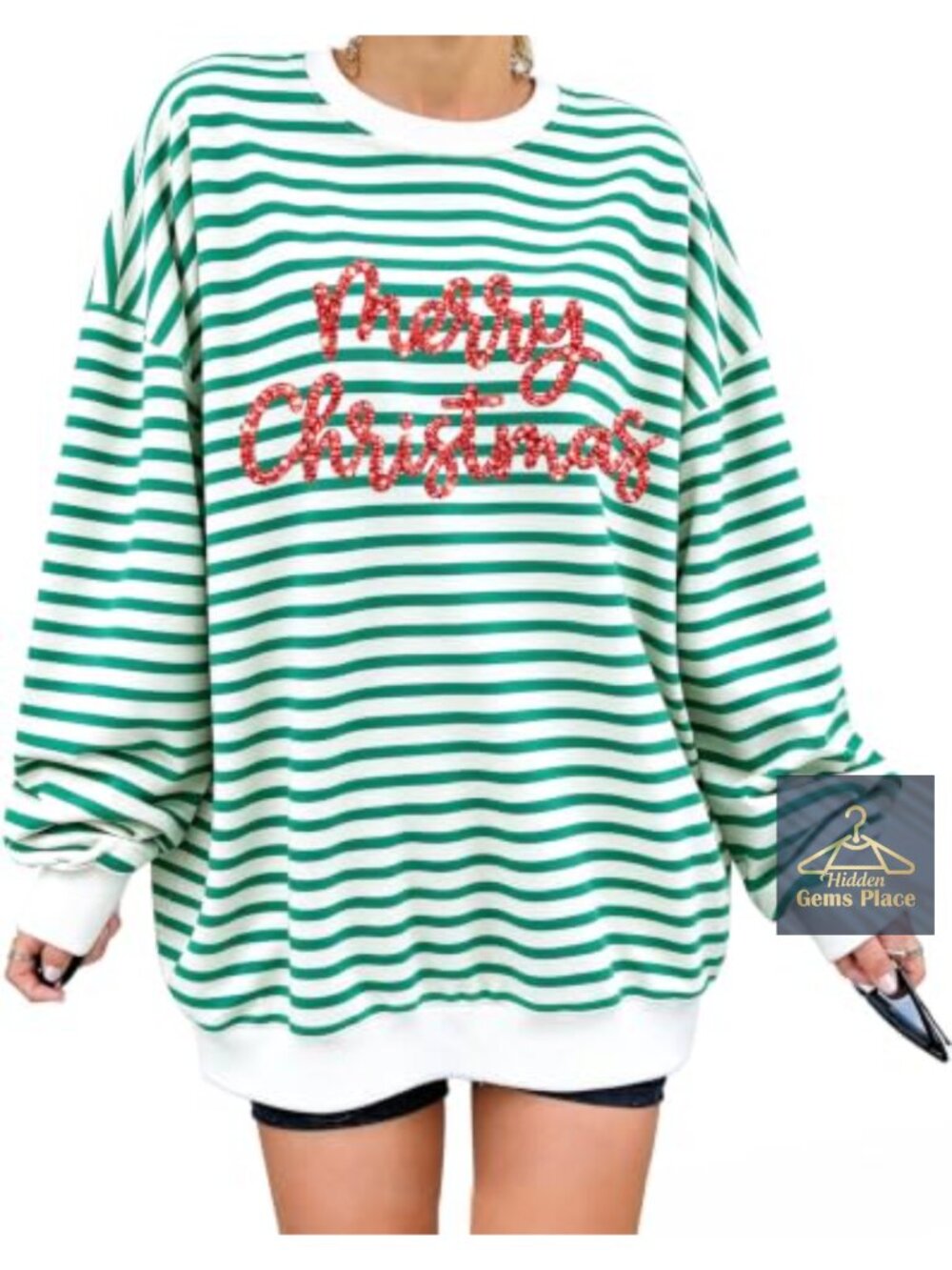 Merry & Bright Sequin Christmas Pullover Sweatshirt Women